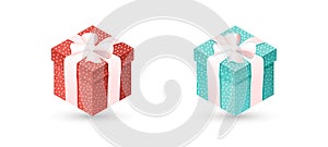 Set of red and blue polka dot gift box with bow and ribbon on white isolated background. Realistic 3D gift for New Year