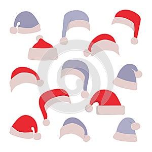 Set of red and blue Santa Claus hats isolated on blank white background