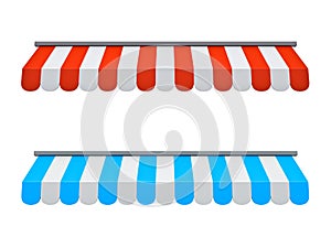 A set of red and blue striped awnings market shop concepts isolated on white background
