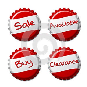 Set of red bottle caps on white background