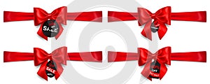 Set of red bows with horizontal ribbons and sale labels