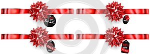 Set of red bows with horizontal ribbons, shadows and sale labels and tags