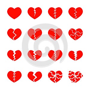 Set of red broken hearts icons isolated on white background. Different symbols of heartbreak, divorce, parting. Vector