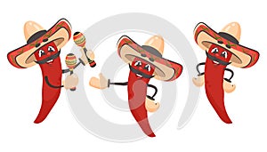 Set of red chilli pepper isolated. Cartoon character with sombrero, maracas. Mexican food. Doodle drawn vector illustration for