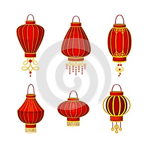 Set of red Chineese lanters, traditional New Year decor cartoon vector illustration