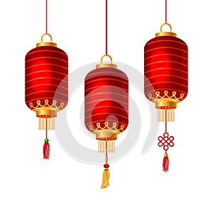 Set of Red Chinese Lanterns for Happy New Year. Lamps Isolated on White Background