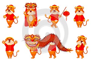 Set of red Chinese tigers in New Year\'s costumes with lanterns and dragons in cartoon style