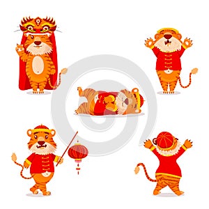 Set of red Chinese tigers in New Year\'s costumes with lanterns and dragons in cartoon style