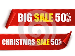 Set of red Christmas banners. Paper scrolls. Vector Xmas sale stickers.
