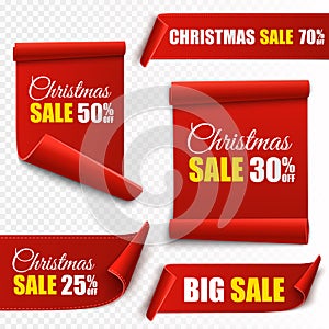 Set of red Christmas banners. Paper scrolls. Vector Xmas sale stickers.