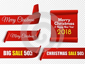 Set of red Christmas banners. Paper scrolls. Vector Xmas sale stickers.
