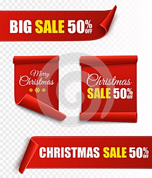 Set of red Christmas banners. Paper scrolls. Vector Xmas sale stickers.