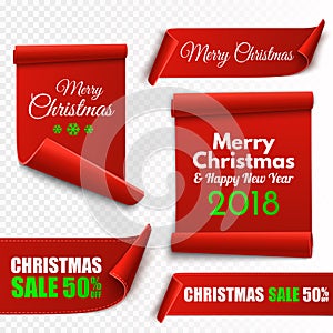 Set of red Christmas banners. Paper scrolls. Vector Xmas sale stickers.