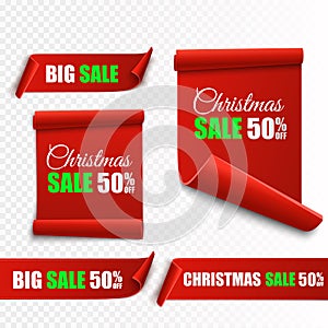 Set of red Christmas banners. Paper scrolls. Vector Xmas sale stickers.