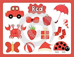 Set of red color objects. Primary colors flashcard with red elements