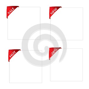 Set of Red Corner Label New, Sale, Hot, -20%on white Paper Sheet