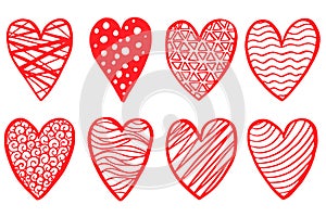 A set of red decorative hand-drawn hearts