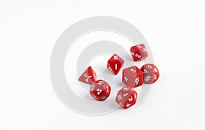 Set of red dices for rpg, dnd or board games on light background