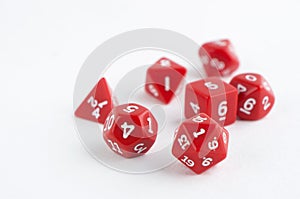 Set of red dices for rpg, dnd, tabletop or board games on light background