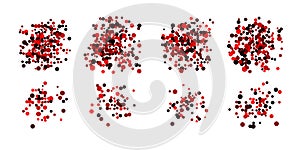 Set of red dotted round shapes, stains, circles, blobs isolated on white