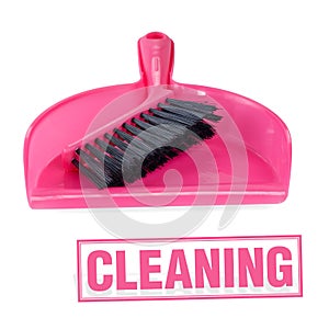 Set of red dustpan and brush, isolated on a white background with a stamp cleaning.
