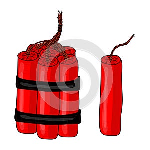 Set of red dynamite sticks with wick isolated on white background. Vector stock illustration of TNT weapon before explosion moment