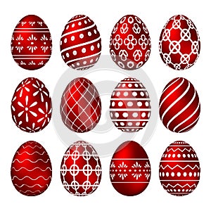 A set of red Easter eggs with patterns