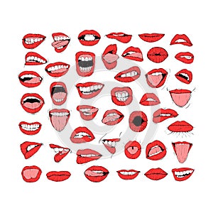 set red female lips collection sketch vector illustration line art