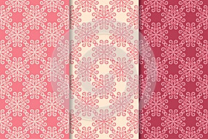 Set of red floral ornaments. Cherry pink vertical seamless patterns