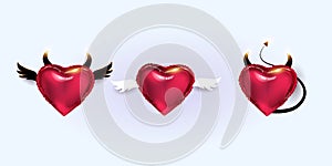 A set of red foil balloons. A collection of different heart - shaped balloons with wings, horns and a tail. Valentine`s Day