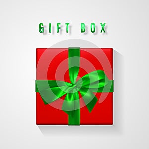Set Red Gift box with green bow and ribbon top view. Element for decoration gifts, greetings, holidays. Vector illustration