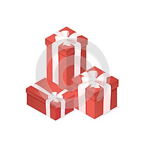 Set of red gift boxes with bow and ribbon on white isolated background. Realistic 3D gift for New Year, Christmas