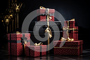 Set of Red Gift Boxes with Elegant Black Ribbon and Bow on Dark Background - Perfect for Gifting