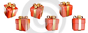 Set of red gift boxes with golden ribbon isolated on white background. Christmas decoration. 3D render.