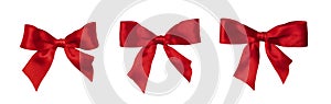 Set of red gift satin ribbon bows on white background