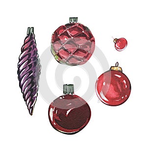 Set red glass vintage Christmas ball isolated on white background. Watercolor hand drawing llustration for design cards