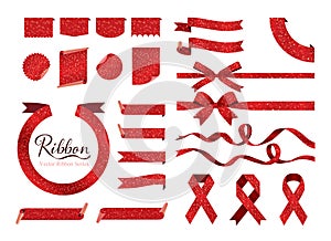 Set of red glitter ribbons, bows, banners, flags.