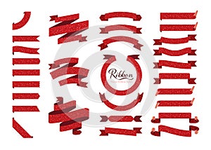 Set of red glitter ribbons, bows, banners, flags. Vector.
