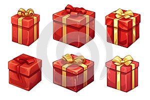 Set of red and golden Christmas gift illustrations on white or transparent background