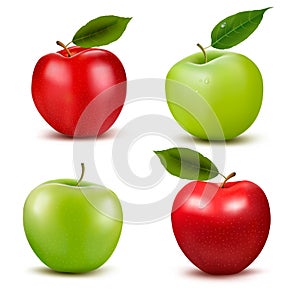 Set of red and green apple fruits with cut and gre