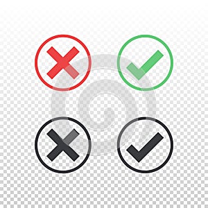 Set of red green black circle icon check mark icon on transparent background. Approve and cancel symbol for design