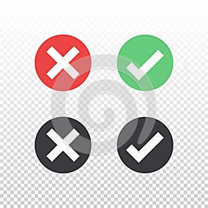 Set of red green black circle icon check mark icon on transparent background. Approve and cancel symbol for design