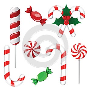 Set of red and green candies. Hard candy lollipop. Candy wrapped