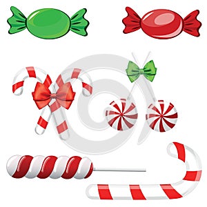 Set of red and green candies. Hard candy lollipop. Candy wrapped