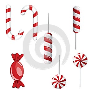 Set of red and green candies. Hard candy lollipop. Candy wrapped