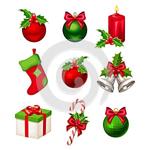 Set of red and green Christmas decorations. Vector illustration.