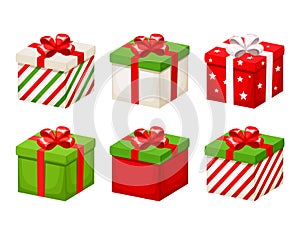 Set of red and green Christmas gift boxes. Vector illustration.