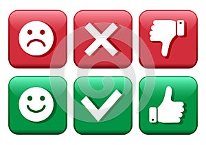 Set red and green icons buttons. Smileys emoticons positive and negative. Confirmation and rejection. Yes and no. Thumb up and