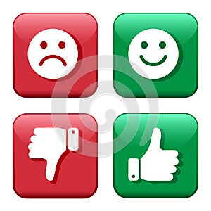 Set red and green icons buttons. Smileys emoticons positive and negative. Thumb up and down. Like and dislike. Vector