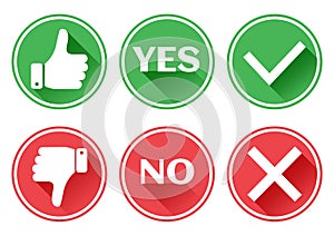 Set red and green icons buttons. Thumb up and down. Like and dislike. Confirmation and rejection. Yes and no. Vector